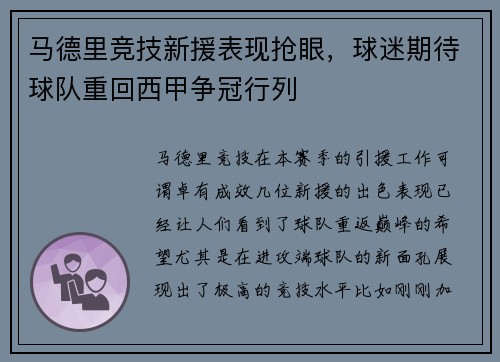 马德里竞技新援表现抢眼，球迷期待球队重回西甲争冠行列